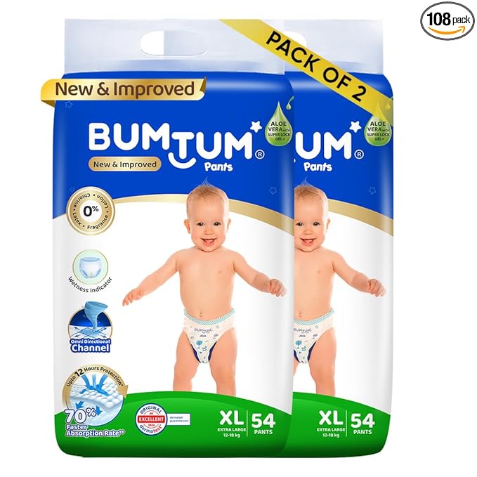 Bumtum Baby Diaper Pants, XL Size, 108 Count, Double Layer Leakage Protection Infused With Aloe Vera, Cottony Soft High Absorb Technology (Pack of 2)